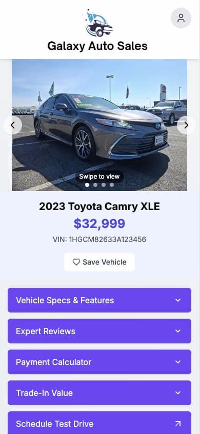 GhostLot mobile application showing vehicle details, pricing and scheduling interface
